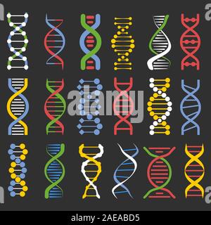 DNA-Molekül Ketten bunte Symbole Sammlung auf schwarzem Hintergrund Stock Vektor