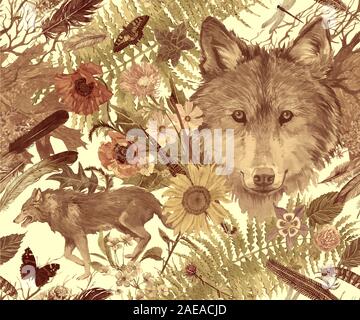Nahtlose aquarell Muster mit Wolfs, Blätter, Blüten, Federn. Stockfoto