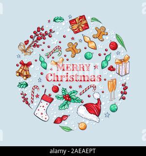 Frohe Weihnachten banner Vektor Vorlage. Winterurlaub social media Post Layout mit Weihnachten Tradition möchten. Neue Saison Symbole, Mistel Zweig mit Beeren Symbole auf rotem Hintergrund Stock Vektor