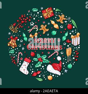 Frohe Weihnachten banner Vektor Vorlage. Winterurlaub social media Post Layout mit Weihnachten Tradition möchten. Neue Saison Symbole, Mistel Zweig mit Beeren Symbole auf rotem Hintergrund Stock Vektor