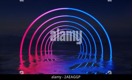 Zusammenfassung Hintergrund mit neon Kreise vor dem Hintergrund der Berge. 3D-Darstellung. Blau-rot Neon Kreise auf der Meeresoberfläche Stockfoto