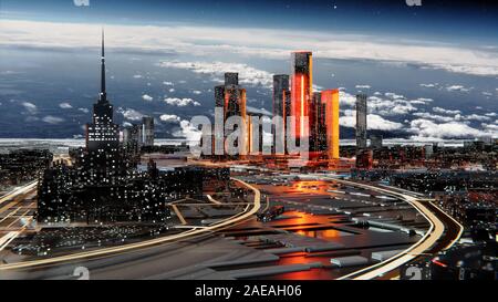 Futuristische Glas Stadt mit leuchtenden Fenstern. Leuchtende Straßen und helle Blitze zwischen den Häusern. Sternenhimmel atmosphärischen Himmel im Hintergrund. 3D-illustrati Stockfoto