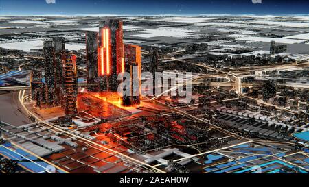 Futuristische Glas Stadt mit leuchtenden Fenstern. Leuchtende Straßen und helle Blitze zwischen den Häusern. Sternenhimmel atmosphärischen Himmel im Hintergrund. 3D-illustrati Stockfoto