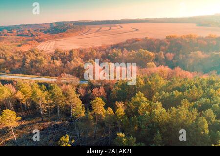 Ländliche Herbst Landschaft. Landschaft, Ackerland am Abend bei Sonnenuntergang. Ansicht von oben in den Wald, Ackerland und Country Road Stockfoto