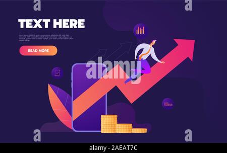 Unternehmer stehen in der Nähe von Smartphone display Wachstum Gewinn Geld Grafik. Stock Vektor