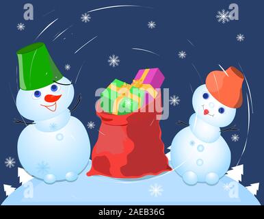 Weihnachtskarte. Zwei Schneemänner. Rote Tasche mit Geschenken. Weihnachten, blau. Vektor Stock Vektor