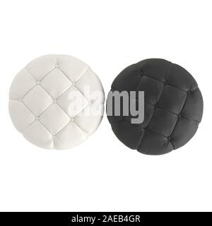 Zwei runde Pouf in Beige und Schwarz auf weißem Hintergrund. 3D-Rendering Stockfoto