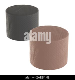 Zwei runde Leder schwarz und braun Pouf auf weißem Hintergrund. 3D-Rendering Stockfoto