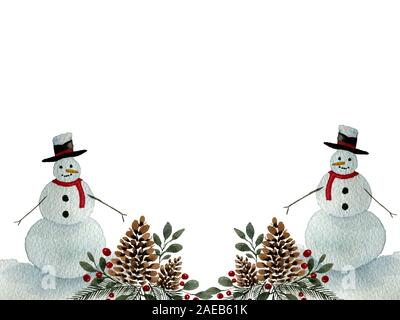 Weihnachtsdekoration mit Schneemann und Tannenzapfen, Aquarell cartoon Design mit Platz für Text kopieren, Template Design für den Winterurlaub Stockfoto
