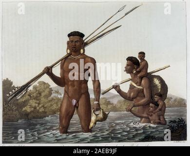 Famille d'Indiens Botocudos revenant de la Chasse et traversant le fleuve Rio Grande eine Belmonte au Paraguay. In "Le Costume Ancien et moderne 1818-182 Stockfoto