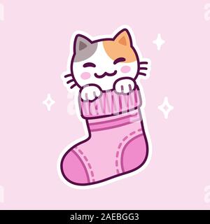 Cute cartoon Zeichnung der Katze in der Socke. Hand kawaii Kitty in warmen flauschigen Strumpf gezogen. Vector clip art Illustration. Stock Vektor