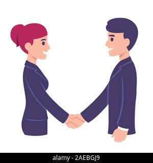 Der Mann und die Frau die Hände schütteln. Menschen im Büro treffen, die Kommunikation am Arbeitsplatz. Moderne Cartoon Stil vector clip art Illustration. Stock Vektor