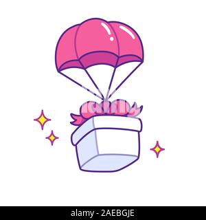 Hand gezeichneten Karikatur Geschenkbox fallen mit Fallschirm, überraschung Lieferung mit Schleife. Isolierte vector clip art Illustration. Stock Vektor