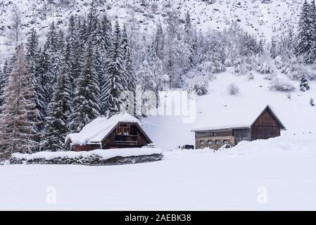 Stabile, Kuhstall für Kühe und Pferde. Bauernhof Gebäude aus Stein und Holz. Winter Berge in den Alpen. Das Gebäude, Bäume und Berge. Stockfoto