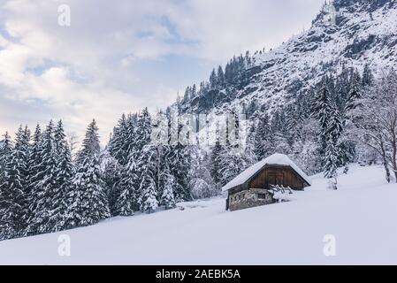 Stabile, Kuhstall für Kühe und Pferde. Bauernhof Gebäude aus Stein und Holz. Winter Berge in den Alpen. Das Gebäude, Bäume und Berge. Stockfoto