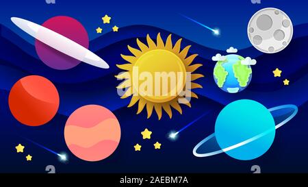 Platz Flachbild Vector Hintergrund mit Rakete, Raumschiff, der Mond, die Planeten. Stock Vektor