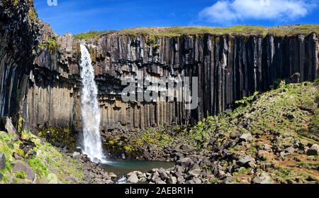 Die berühmten und schönen Svartifoss in Island, der von Basaltsäulen umgeben. Hohe Auflösung Panorama-aufnahme. Stockfoto