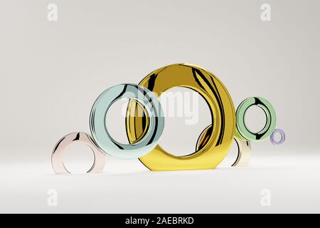 Ringe mehrfarbig aus glänzend, für ein Banner oder ein Poster. Minimalismus, abstrakten geometrischen Formen und Hintergrund, 3D-Rendering. Stockfoto