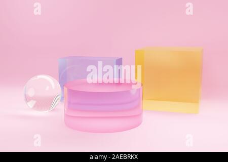 Podium für Werbebanner multi - aus Glas mit farbigem. Minimalismus, abstrakten geometrischen Formen und Hintergrund, 3D-Rendering. Stockfoto