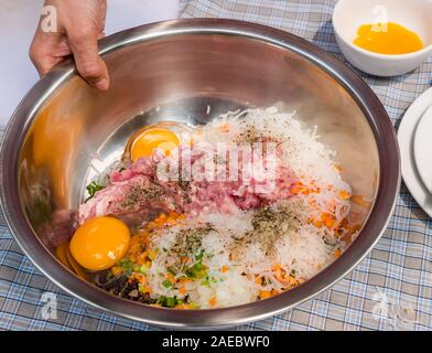 Schüssel mit Zutaten für Schweinefleisch mince & zerkleinerte Gemüse Frühlingsrollen mit Eigelb, Vietnam, Asien Stockfoto