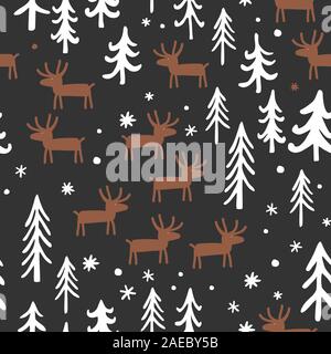 Vektor Weihnachten nahtlose Muster mit cute cartoon Rotwild, Bäume, und Schneeflocken. Weiß, Braun und Schwarz Palette. Skandinavische Winter Hintergrund Stock Vektor