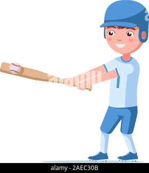 Jungen Baseballspieler in einem Sport einheitliche in einem Helm mit Schläger und Ball. Kleines Kind hits eine bat-Kugel. Vector Illustration auf weißen, flach, isoliert Stock Vektor