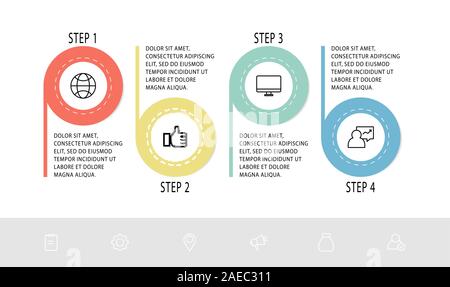 Vektor flache Linie Vorlage Kreis Infografiken. Business Konzept mit 4 Optionen und Etiketten. Vier Schritte für Inhalt, Flussdiagramm, Graphen, Diagramme, slidesh Stock Vektor