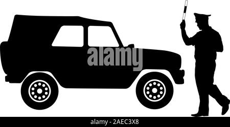 Silhouette, Polizei stoppte ein Auto mit einer Stange. Vector Illustration. Stock Vektor