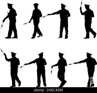 Set schwarz Silhouetten Polizeioffizier mit einer Stange auf weißem Hintergrund. Vector Illustration. Stock Vektor