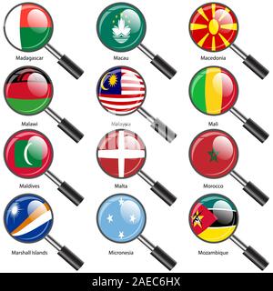 Satz Flaggen der Welt souveräner Staaten Lupe. Vector Illustration. Satz Nummer 10. Exakte Farben. Einfache Änderungen. Stock Vektor
