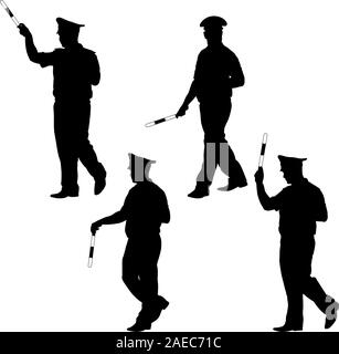 Schwarze Silhouetten des Polizeibeamten mit einer Stange auf weißem Hintergrund. Vector Illustration. Stock Vektor