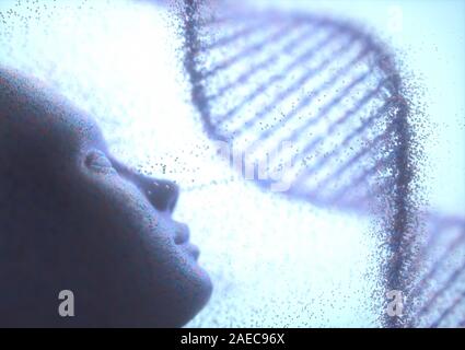 Der Ursprung des Menschen. Molekulare Teilchen aus dem Gesicht zu Cluster in das DNA-Molekül. 3D-Darstellung. Stockfoto