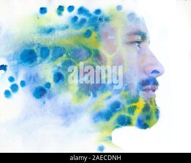 Paintography. Double Exposure Profil Portrait eines attraktiven männlichen Modell kombiniert mit der Hand gezeichnet Malerei Stockfoto
