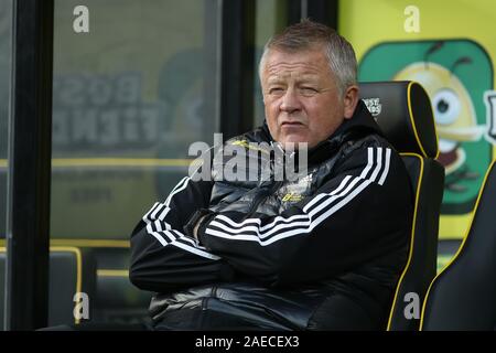 Norwich, UK. 08 Dez, 2019. 8. Dezember 2019; Carrow Road, Norwich, Norfolk, England, Fußball der englischen Premier League, Norwich gegen Sheffield United; Sheffield United Manager Chris Wilder - Streng redaktionelle Verwendung. Keine Verwendung mit nicht autorisierten Audio-, Video-, Daten-, Spielpläne, Verein/liga Logos oder "live" Dienstleistungen. On-line-in-Match mit 120 Bildern beschränkt, kein Video-Emulation. Keine Verwendung in Wetten, Spiele oder einzelne Verein/Liga/player Publikationen Quelle: Aktion Plus Sport Bilder/Alamy leben Nachrichten Stockfoto