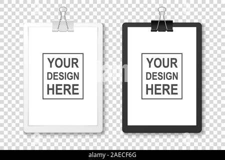 Vektor realistische Schwarze und Weiße Zwischenablage mit leeren Papier, Metall Clip Icon Set Closeup isoliert auf Transparenten Hintergrund. Design Template für Notizen Stock Vektor