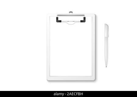 Vector 3d Realistische weiße Zwischenablage mit leeren Papier, Metall Clip, Automatische Stiftsatz Closeup isoliert auf weißem Hintergrund. Design Template für Notizen Stock Vektor