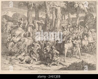 Gemälde von Gerard de Lairesse, das Semiramis bei der Löwenjagd darstellt. Das Kunstwerk betont dynamische Bewegung, menschliche Figuren, Löwen, Waffen und Landschaftselemente in barocker Komposition. Stockfoto