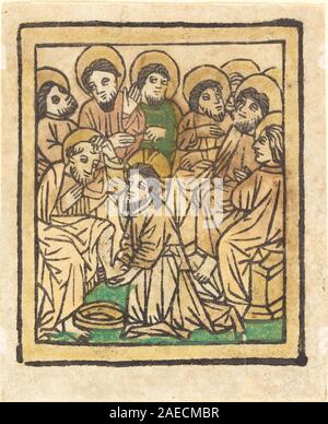 Ein deutsches Gemälde aus dem 15. Jahrhundert um 1490, das Christus, wie er die Füße des Apostels wäscht, zeigt Christus, Apostel, Gesten, Wasser, Handtücher und religiöse Komposition. Stockfoto