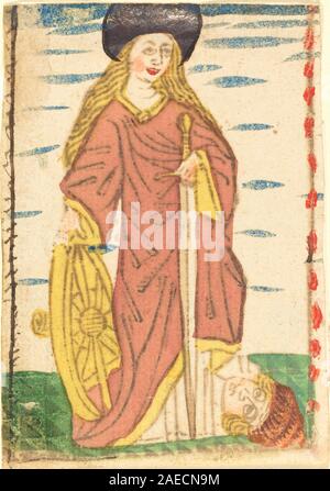 Ein deutsches Gemälde aus dem 15. Jahrhundert aus dem Jahr 1460-1470, das die Heilige Katharina von Alexandria mit einem Halo, Gewändern, einem Stachelrad und einer gotischen religiösen Ikonographie zeigt, die für diese Zeit typisch ist. Stockfoto