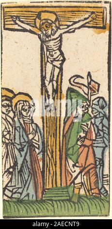 Ein deutsches Kunstwerk aus dem 15. Jahrhundert, das die Kreuzigung Christi zeigt, zeigt Christus am Kreuz, Maria, Johannes, umliegende Figuren und einen Landschaftshintergrund. erstellt um 1500. Stockfoto