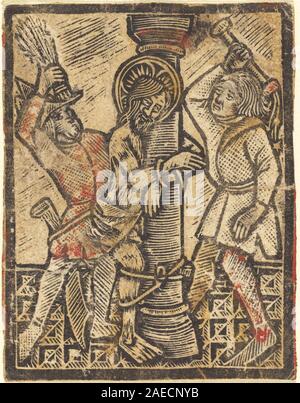 Ein deutsches Kunstwerk aus dem 15. Jahrhundert, das die Geißelung Christi zeigt, zeigt Christus, Soldaten, Folterinstrumente, architektonischen Hintergrund, und umliegende Figuren, geschaffen zwischen 1470 und 1480. Stockfoto