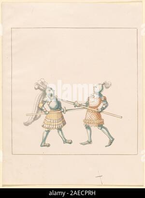 Ein deutsches Manuskript aus dem 16. Jahrhundert, Freydal, das die Ritterspiele und Fußkämpfe von Kaiser Maximilian I. zeigt, wie Rüstungen, Waffen, Kämpfer und Turnierszenen gezeigt werden. erstellt um 1515. Stockfoto