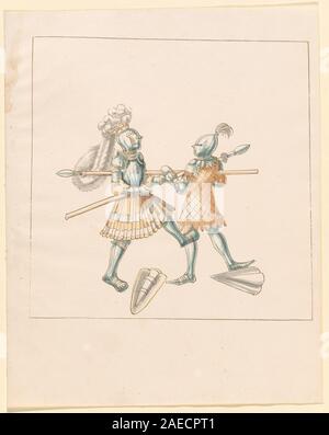 Ein Folio aus „Freydal“, dem Buch der Ritterkämpfe und des Turniers des Kaisers Maximilian I., um 1515, das Fußkämpfe zeigt. Die deutsche Handschrift aus dem 16. Jahrhundert zeigt detaillierte Rüstungen, in Bewegung befindliche Kämpfer, Zuschauer und heraldische Embleme. Ritterkultur und Manuskriptbeleuchtung. Stockfoto