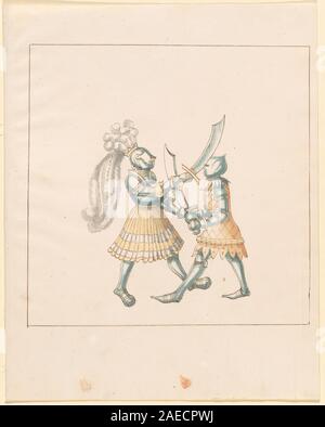 Diese um 1515 entstandene deutsche Handschrift, Freydal Band III, zeigt Fußkämpfe und Turniere aus dem Turnier Kaiser Maximilians I. die Komposition betont Figuren, Rüstungen, Waffen, Kleidung und die deutsche Turnierkultur des 16. Jahrhunderts. Stockfoto