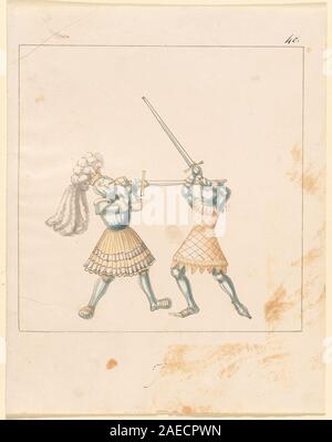 Ein Folio aus „Freydal“ um 1515, das Fußkämpfe bei Turnieren unter Kaiser Maximilian I. illustriert. Die deutsche Handschrift enthält gepanzerte Kämpfer, heraldische Symbole, Zuschauer und detaillierte Illustrationen, die Kampfpraktiken und die ritterliche Kultur des 16. Jahrhunderts hervorheben. Stockfoto