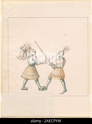 Handschrift „Freydal, das Ritterbuch und das Turnier Kaiser Maximilians I.“, Band III, 16. Jahrhundert, um 1515, Ritterdarstellungen, Kämpfe zu Fuß, Turnierszenen und Rüstungsdetails. Stockfoto