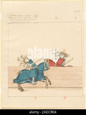 Ein Folio aus „Freydal“ um 1515, das die Reiterkämpfe bei Turnieren unter Kaiser Maximilian I. illustriert. Die deutsche Handschrift zeigt gepanzerte Ritter auf Pferden, Lanzen, heraldische Symbole, Zuschauer und detaillierte Darstellungen ritterlicher Turnierpraktiken. Stockfoto