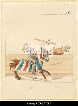 Eine deutsche Handschrift aus dem 16. Jahrhundert aus dem Jahr 1515, Teil von Freydal, die Kämpfe zu Pferd im Ritterkampf für Kaiser Maximilian I. zeigt und gepanzerte Reiter, Pferde, Lanzen und Turnierszene zeigt. Stockfoto