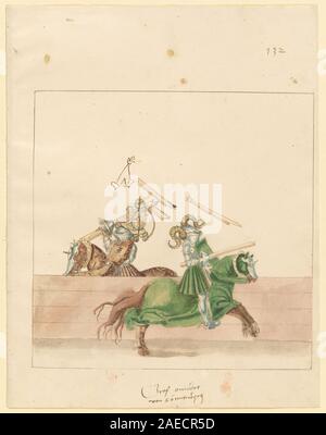 Ein deutsches Folio aus dem 16. Jahrhundert von Freydal, um 1515, das Reiterkämpfe bei Turnieren unter Kaiser Maximilian I. illustriert. Die Handschrift zeigt gepanzerte Ritter auf Pferden, Lanzen, Zuschauer und heraldische Symbole in detaillierter Ritterdarstellung. Stockfoto