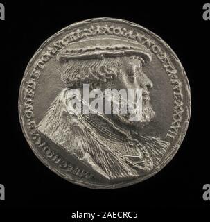 Eine deutsche Medaille aus dem 16. Jahrhundert, die Melchior von Osse (1506–1557), Kanzler von Sachsen, zeigt sein Porträt, Kleidung, Gesichtszüge, und eingravierte Inschrift. Stockfoto